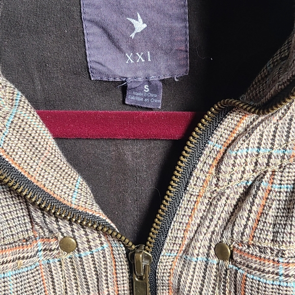 Forever 21 XXI Brown Tan Plaid Moto Crop Bomber Jacket S - Picture 5 of 8